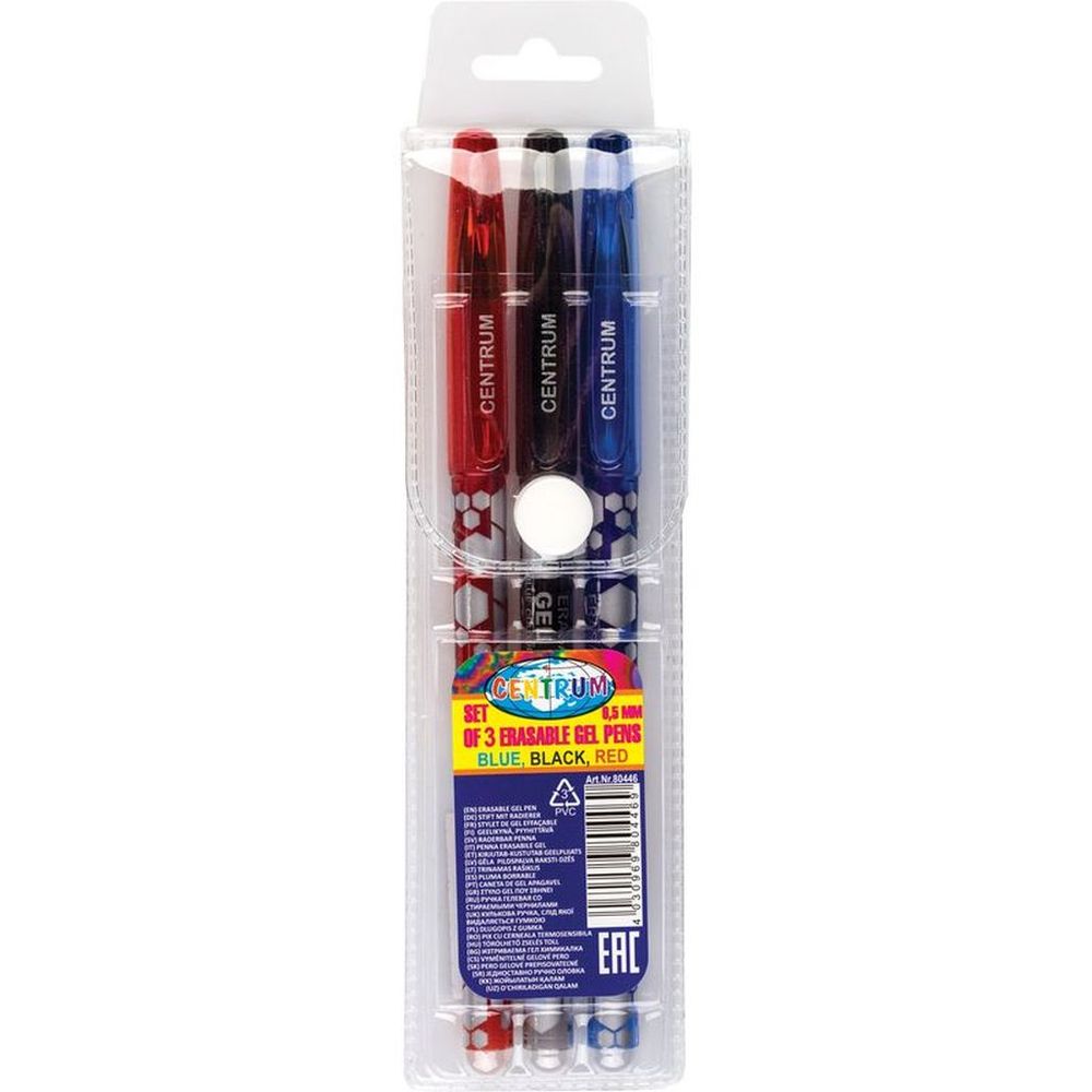 Set kemijskih olovaka Centrum gel piši briši (crvena, crna, plava) 0,5mm u PVC vrećici 3/1 80446 slika 1