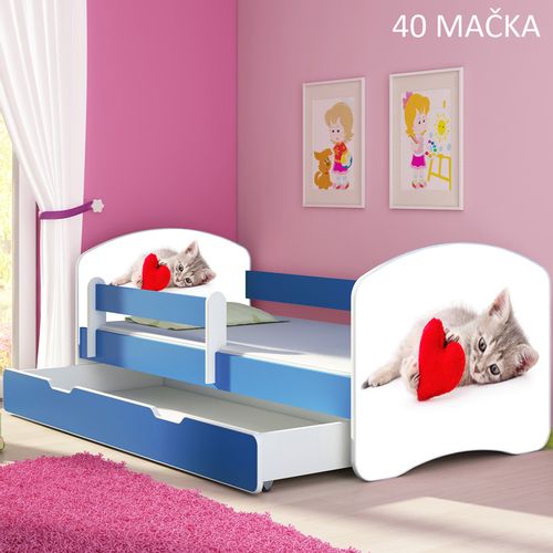 Dječji krevet ACMA s motivom, bočna plava + ladica 140x70 cm 40-macka slika 1