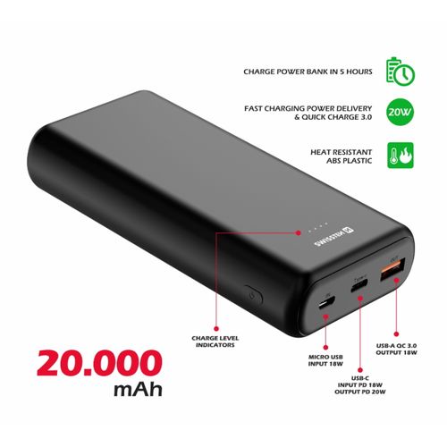 Dodatna baterija - Power Bank SWISSTEN 20000mAh, QC 3.0, USB-C, crna slika 2