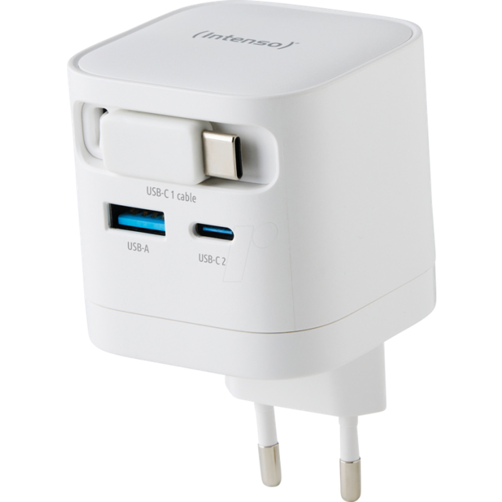 Intenso 65W GaN napajalnik z vgrajenim kablom USB-C, bel slika 1