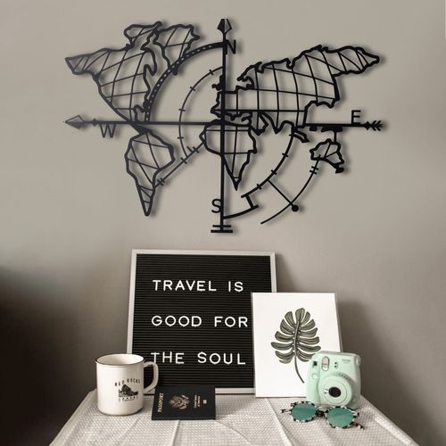 World Map Compass - Black Black Decorative Metal Wall Accessory slika 6