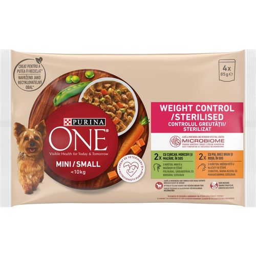 Purina ONE® Weight Control (4x85g) s ćuretinom, mrkvom i graškom u umaku sa svinjetinom, smeđom rižom i paradajzom u umaku slika 1