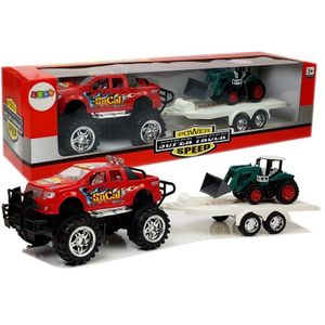 Set vozila Monster Truck s bagerom na prikolici crveno - zeleni