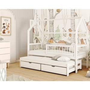 Drveni dečiji krevet Papi sa dodatnim krevetom i fiokom - beli - 160/180x80 cm