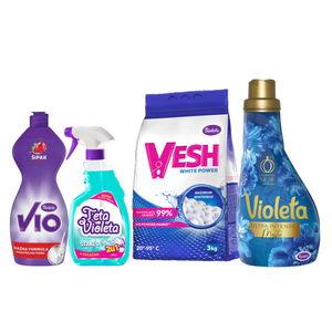 Violeta paket za domaćinstvo  – Prašak za rublje 3 kg, Mystic omekšivač, Vio deterdžent i sredstvo za staklo