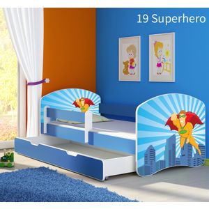 Dječji krevet ACMA s motivom, bočna plava + ladica 180x80 cm 19-superhero