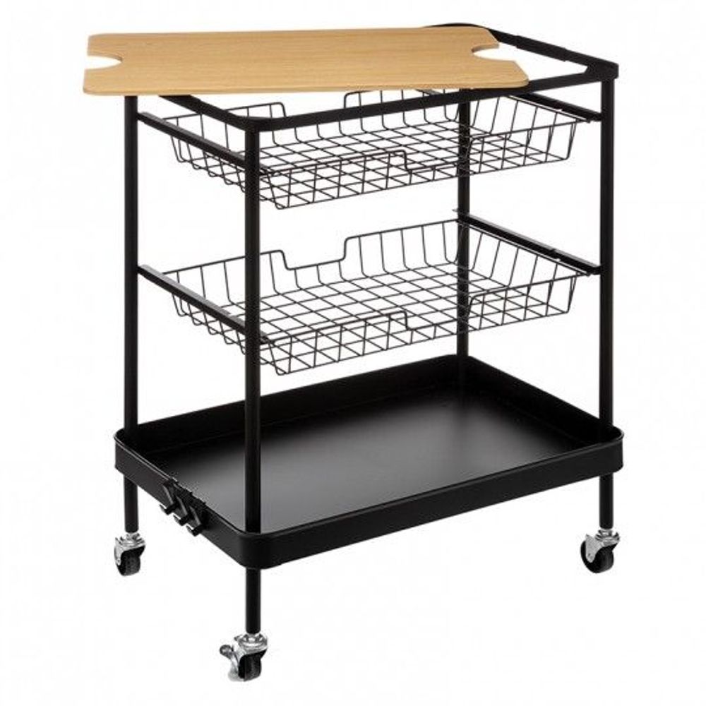 Five kuhinjska kolica sa radnom pločom i točkićima 60,5×40,5×79,5 cm – crna metal/bambus slika 1