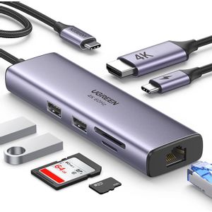 Ugreen 7-u-1 USB-C HUB HDMI+RJ45+čitač kartica+USB+PD 100W