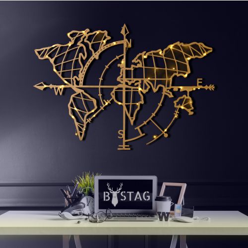 Wallity Metalna zidna dekoracija, World Map Compass Led - Gold slika 1