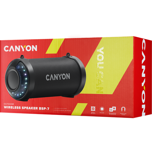 CANYON BSP-7 Bluetooth Speaker, BT V5.0, Jieli JLAC6925B, 3.5mm AUX, 1*USB-A port, micro-USB port, 1500mAh lithium ion battery, Black, cable length 0.6m, 278*117 *128mm, 0.941kg slika 3