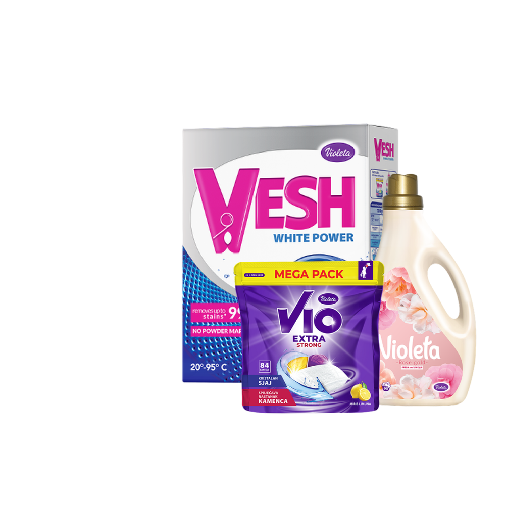 Violeta Complete Cleaning Set 3U1 – Prašak za veš 4 kg + Rose Gold omekšivač + VIO kapsule za suđe slika 2