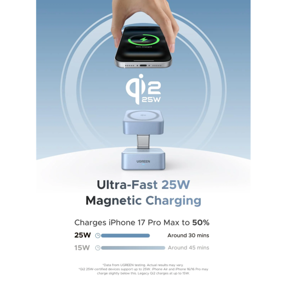 Ugreen 2-u-1 magnetni bežični punjač Qi2 25 W slika 6