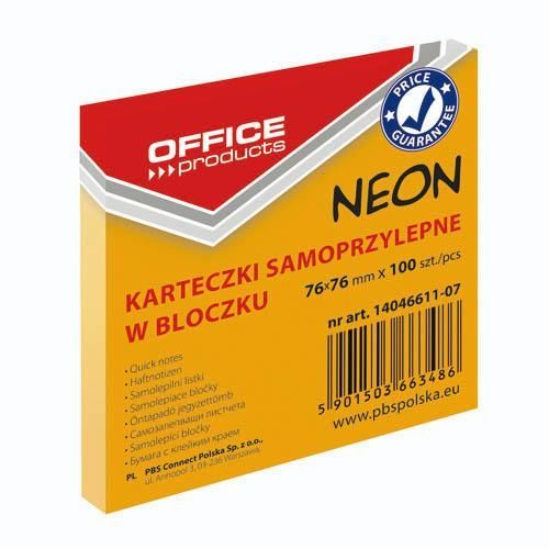 Blok samoljepljivi Office products 76x76 mm, 100 listića, neon narančasti slika 1