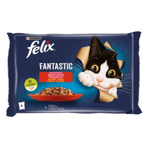 FELIX Fantastic Odabrani okusi sela, potpuna hrana za kućne ljubimce, za odrasle mačke, mokra hrana s govedinom u želeu i s piletinom u želeu, 4x85g