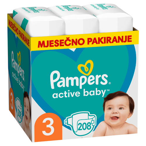 Pampers Active Baby - XXL Mjesečno Pakiranje Pelena veličina 3, 208 komada slika 1