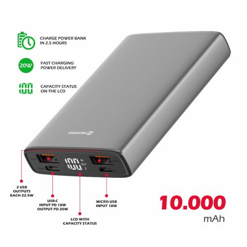 Dodatna baterija - Power Bank SWISSTEN 10000mAh, USB, USB-C, microSD, aluminij slika 2