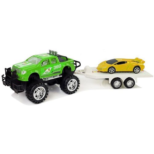 Set vozila Monster Truck sa sportskim autom na prikolici, zeleno-žuti slika 2
