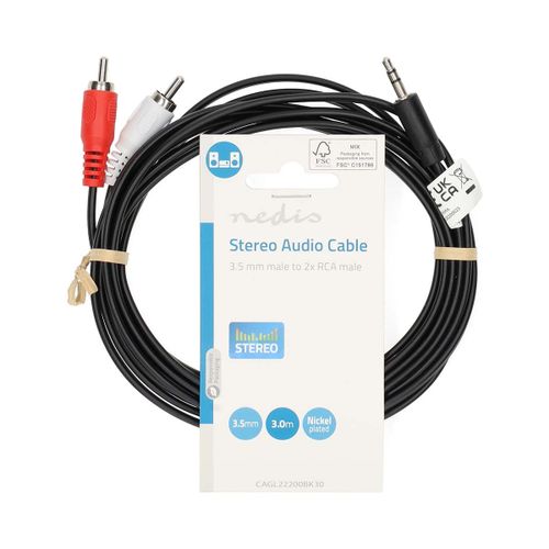 Kabel NEDIS audio stereo, 3.5mm (M) na 2xRCA (M), crni, 3m, polybag slika 1