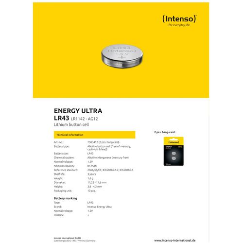 (Intenso) Baterija alkalna LR43/2, 1,5 V dugmasta, blister 2 kom - LR43/2 slika 3