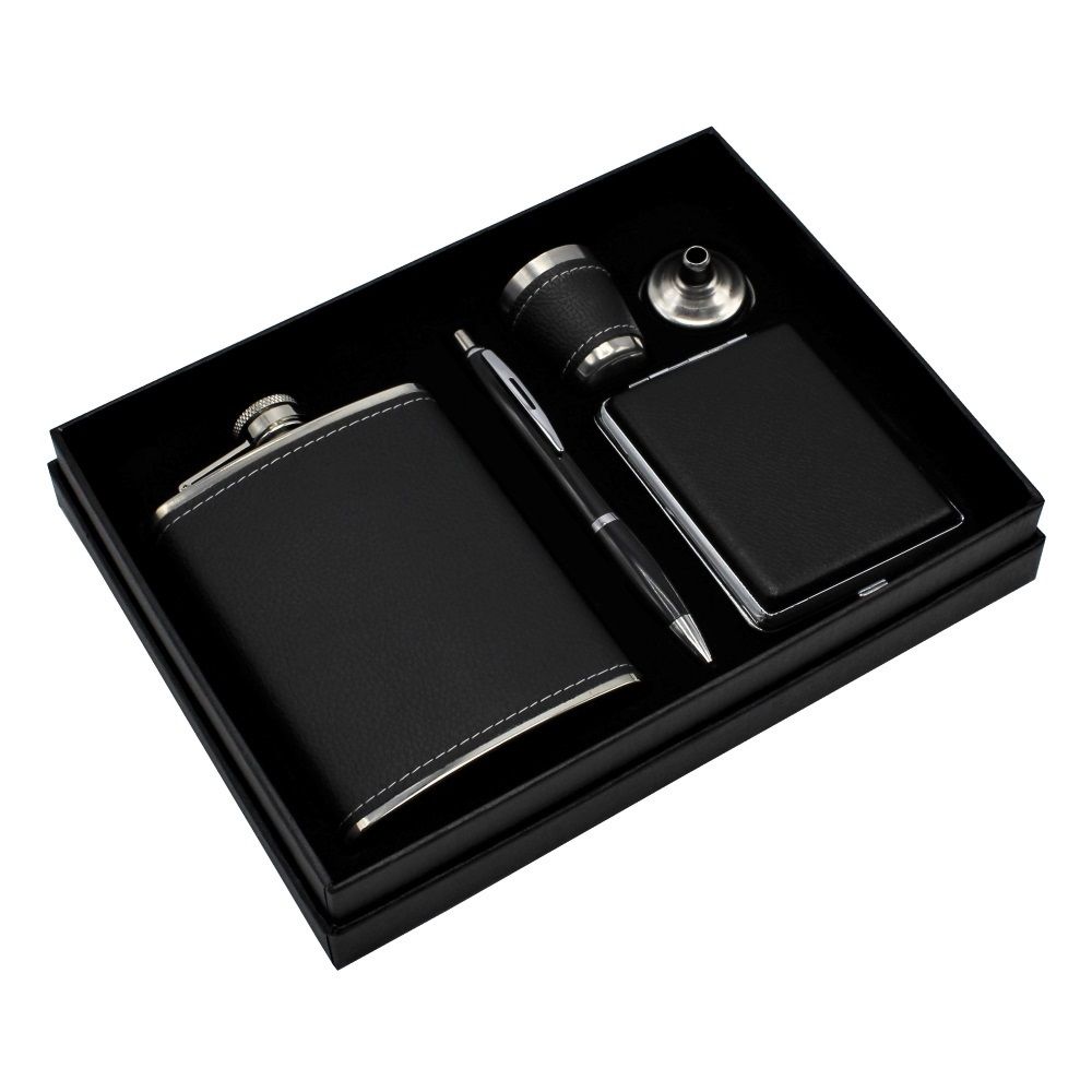 Poklon set ploska 240 ml, hemijska olovka, tabaklera, čašićca i lijevak u crnoj kutiji, model: 913-1356 slika 1