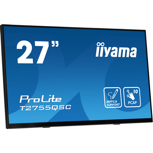IIYAMA T2755QSC-B1 Monitor 27” Optical Bonded PCAP 10pt IPS Edge to edge glass 2560 x 1440 @75Hz 400 cd/m² HDMI DP USB Hub Tilt angle 15° up; 70° down slika 2