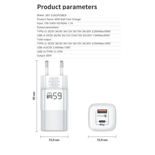 RY-U65A GaN Punjač Type C, USB-A 65w slika 3