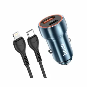 HOCO auto punjač Type C + USB QC3.0 Power Delivery 20W s kabelom za iPhone Lightning 8-pin Z46A safirno plavi