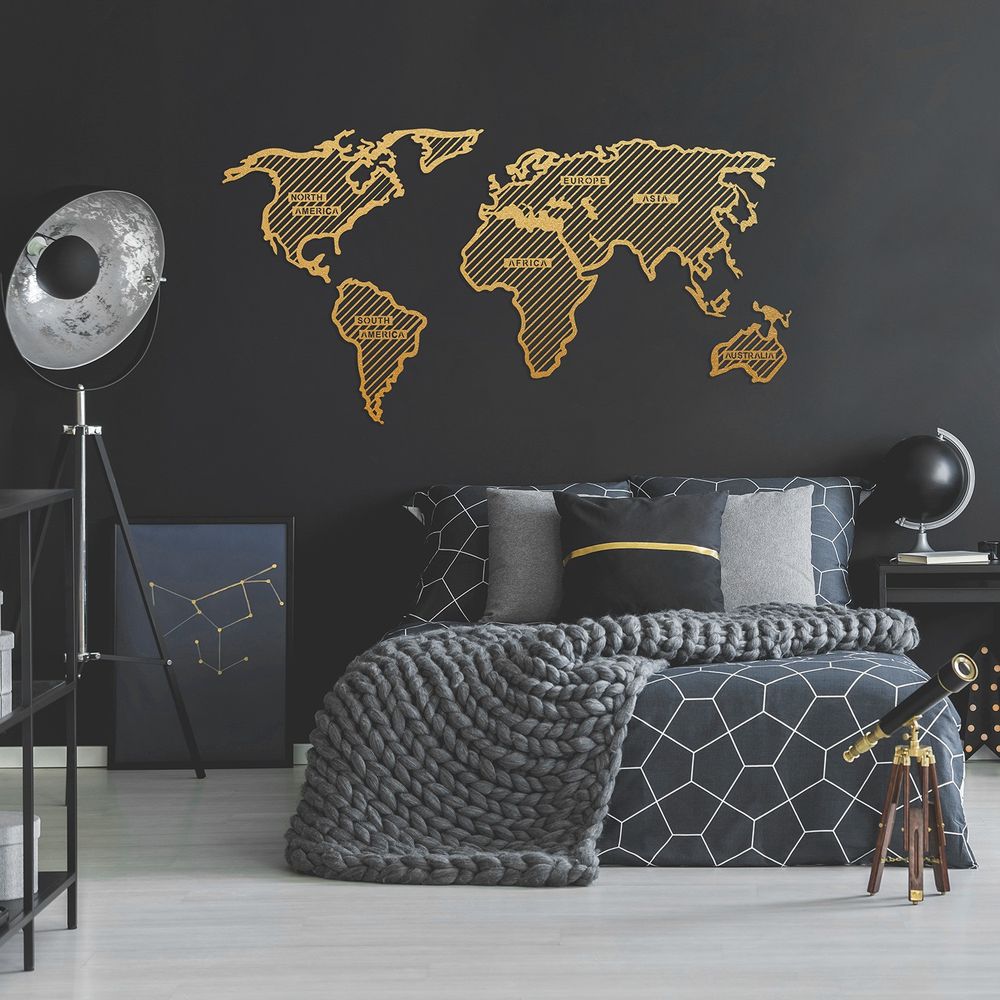 Zlatna Dekorativna Metalna Zidna Umetnost - Mapa Svijeta u Prugama (120 x 65 cm) slika 1
