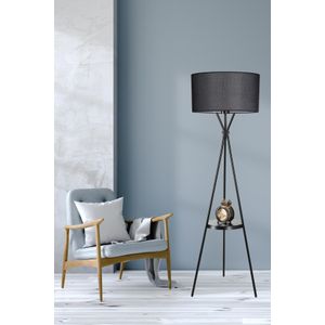 Crni podni lampader s ugrađenom policom – cilindrični pleteni abažur (Venedik)