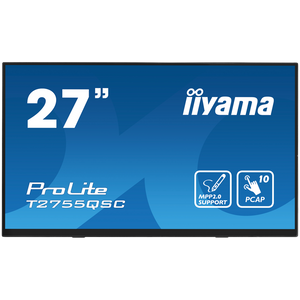 IIYAMA T2755QSC-B1 Monitor 27” Optical Bonded PCAP 10pt IPS Edge to edge glass 2560 x 1440 @75Hz 400 cd/m² HDMI DP USB Hub Tilt angle 15° up; 70° down