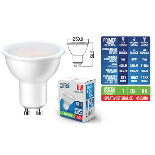 XLED GU10 5W LED Sijalica 3000K,220V,ugao osvetljenja 100s,400Lm  slika 3