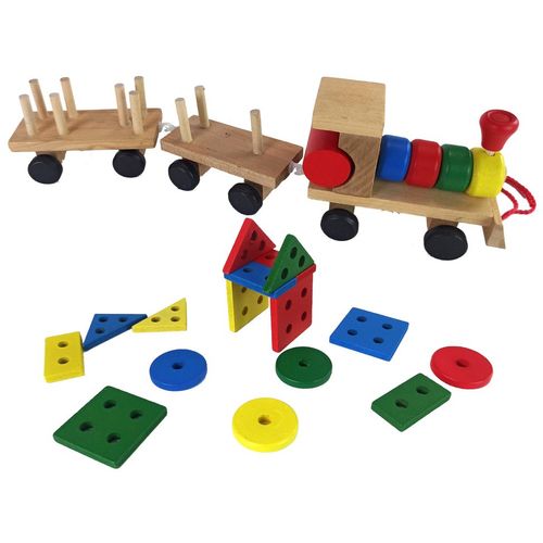 Montessori drveni vlakić s dva odvojiva vagona i šarenim blokovima slika 3