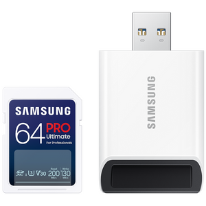 Samsung MB-SY64SB/WW SD Card 64GB, PRO Ultimate, SDXC, UHS-I U3 V30, Read up to 200MB/s, Write up to 130 MB/s, for 4K and FullHD video recording, w/USB Card reader