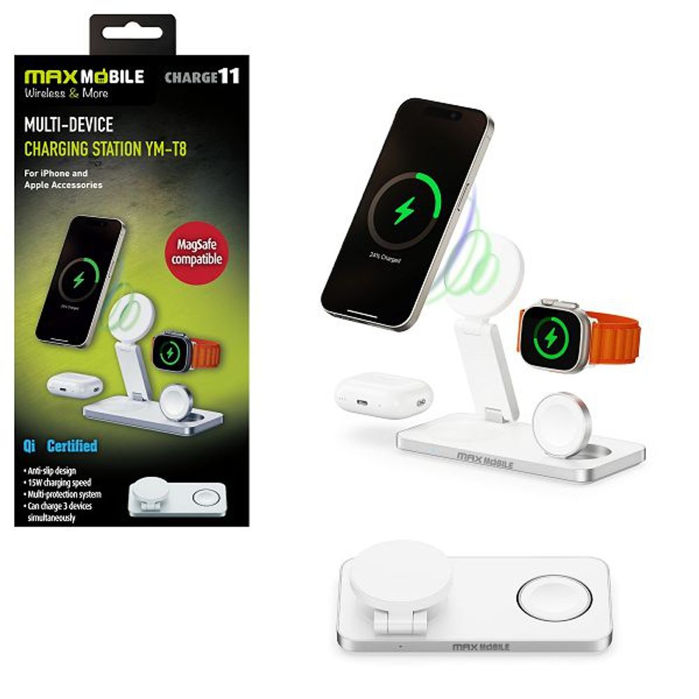 MAXMOBILE BEŽIČNI PUNJAČ YM-T8 PD MagSafe, SET 3U1 bijeli slika 1