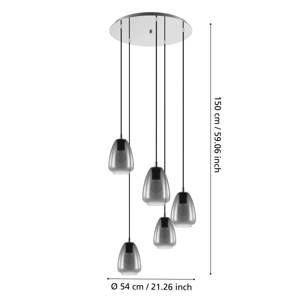 Eglo viseća lampa alobrase e27 5x40w krom/crno-prozirno v:1500mm o540mm slika 6