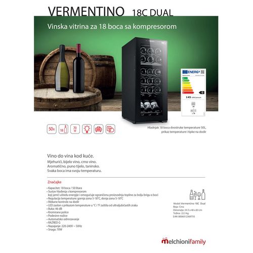 Melchioni Family rashladna vinska vitrina, zapremina 50 lit - Vermentino 18 C dual slika 3