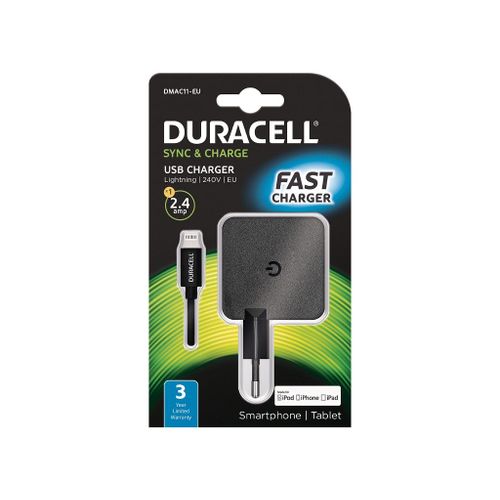 Duracell Punjač – Uni 1xUSB + Lightning cable – 2.4A - Black slika 1