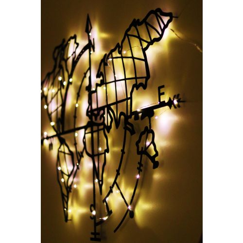 Wallity Metalna zidna dekoracija, World Map Compass Led - Black slika 9