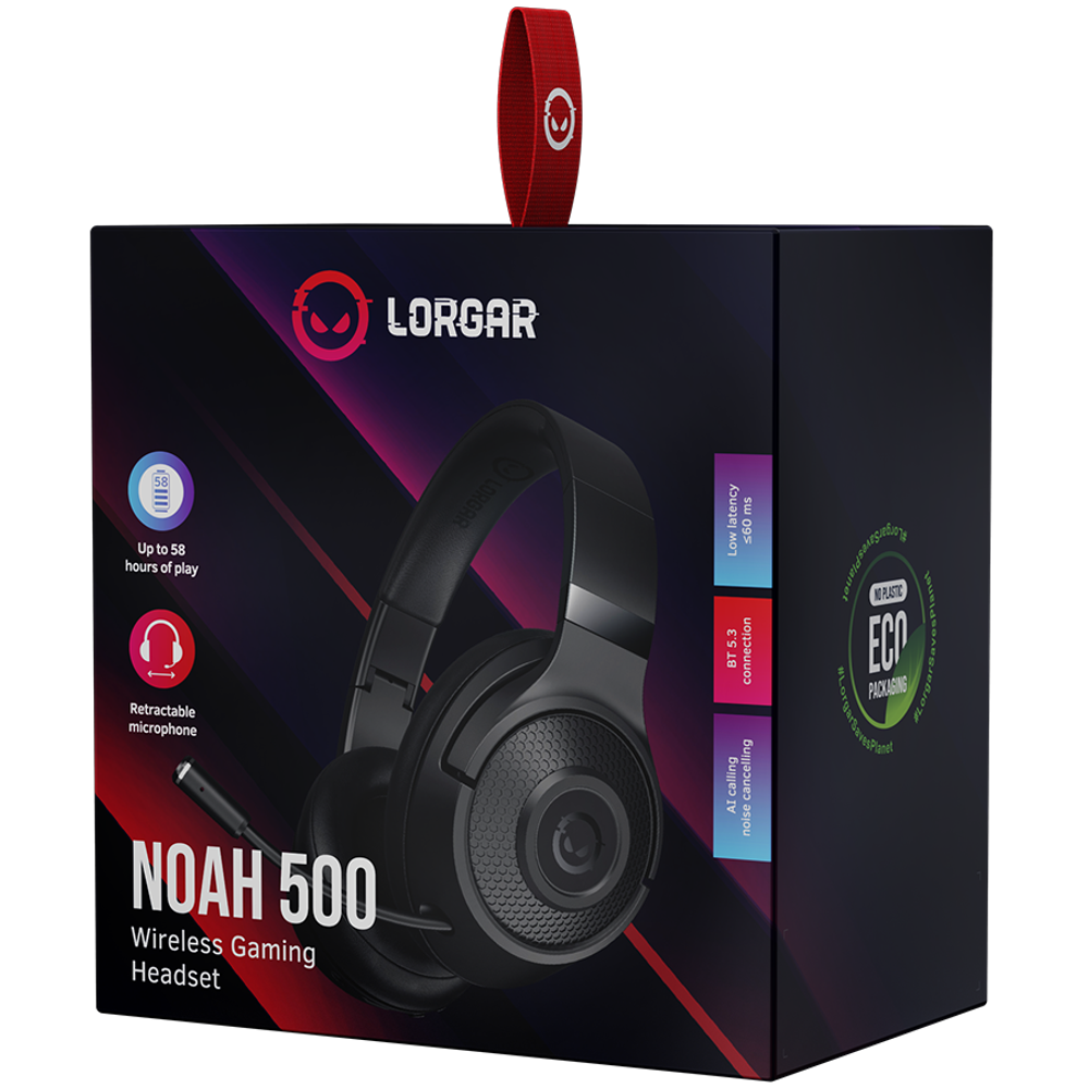 LORGAR Noah 500, Bežične Gaming slušalice s mikrofonom, JL7006, BT 5.3, trajanje baterije do 58 h (1000mAh), USB (C) punjač (0.8m), 3.5 mm AUX kabel (1.5m), dimenzije: 195*185*80mm, težina: 0.24kg, crne slika 5
