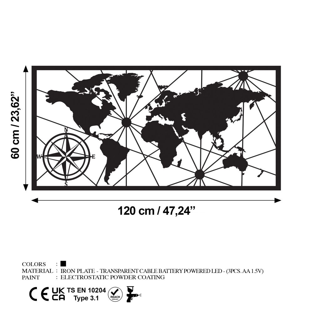 Decorative metal wall accessory World Map Led 452, colour: black slika 7