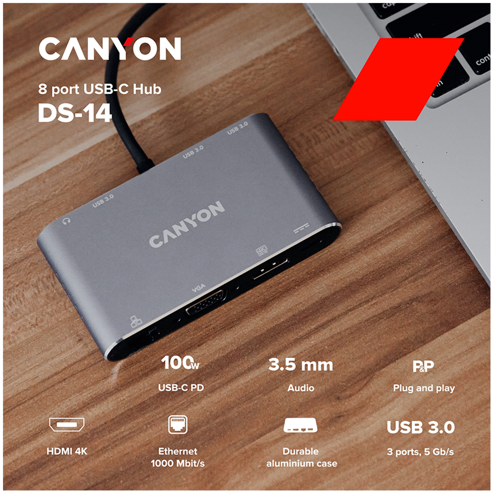 CANYON 8 u 1 USB-C Hub, Tamno siva slika 3