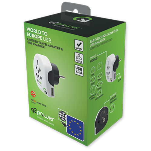 q2power Adapter, putni, univerzalni sa USB-om - WORLD TO EUROPE USB slika 2