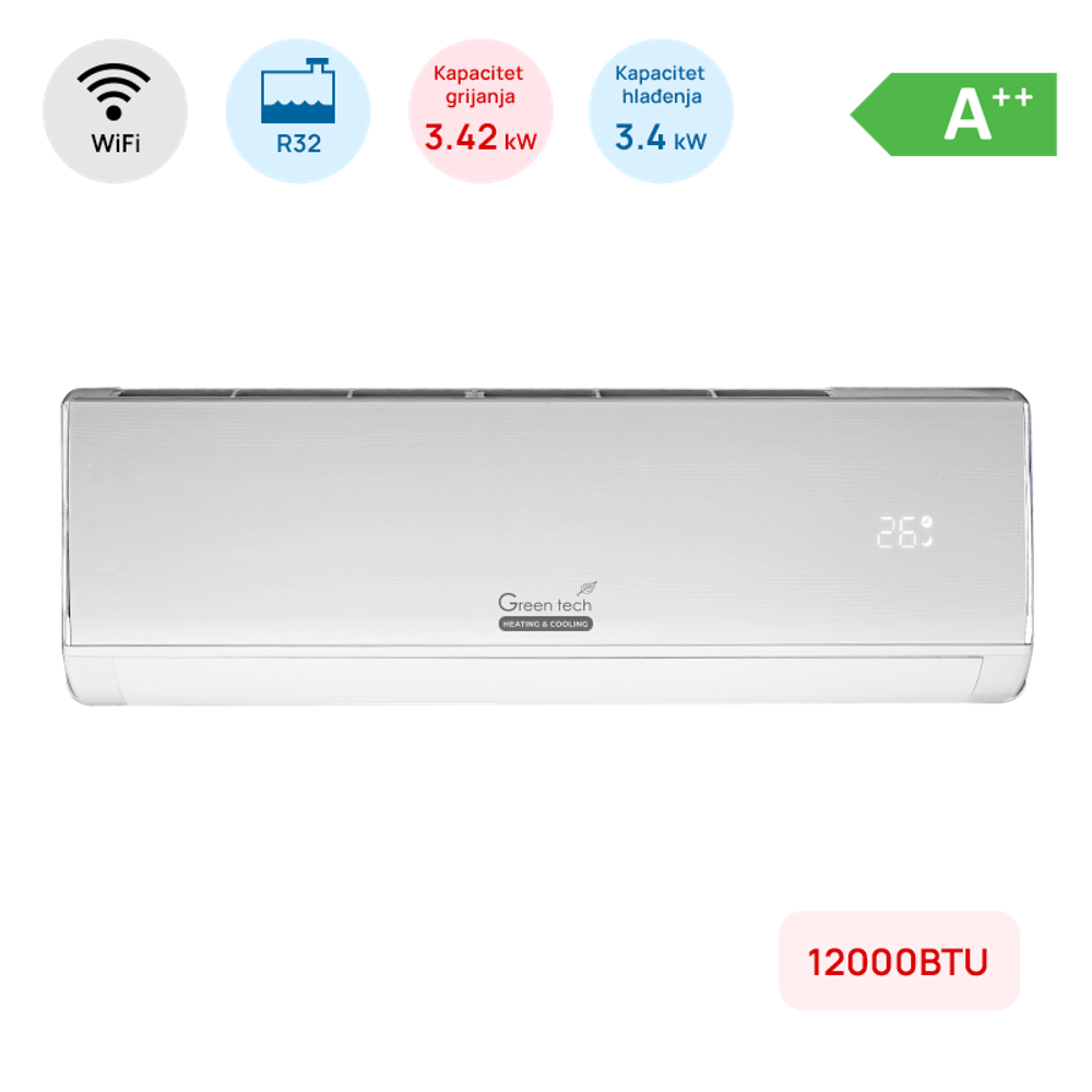 Klima Green Tech 12000BTU, 3.4kW, A++, R32, -15°C ~ 53°C, WiFi, bijela slika 1