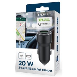 TA-UC-A2PDQC20-CAR-01 Gembird 2-port USB car fast charger, Type-C PD, 20 W, black