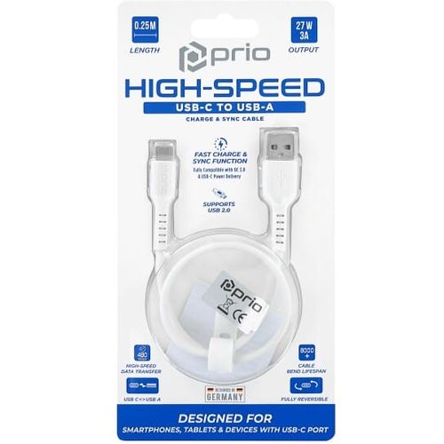 Prio High-Speed Charge & Sync USB C na USB A kabel 3A 0,25 m bijeli slika 1