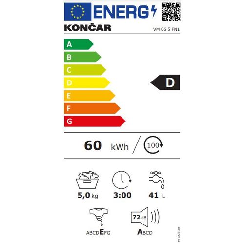 Končar VM 06 5 FN1 Veš mašina, 5 kg, 600 rpm, Širina 60 cm, Dubina 50 cm slika 2