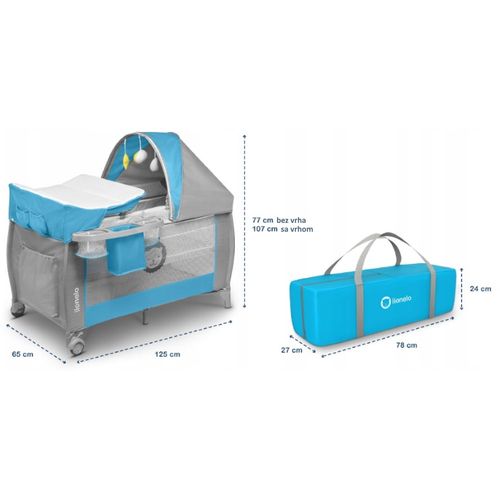 Lionelo dječji prijenosni krevetić Sven PLUS svjetlo plavi + dodatci + igračke slika 7