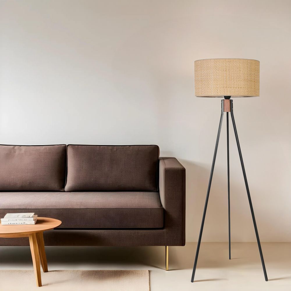 Fısco Tripod Crni Lambader sa Rattan Abajurima slika 1