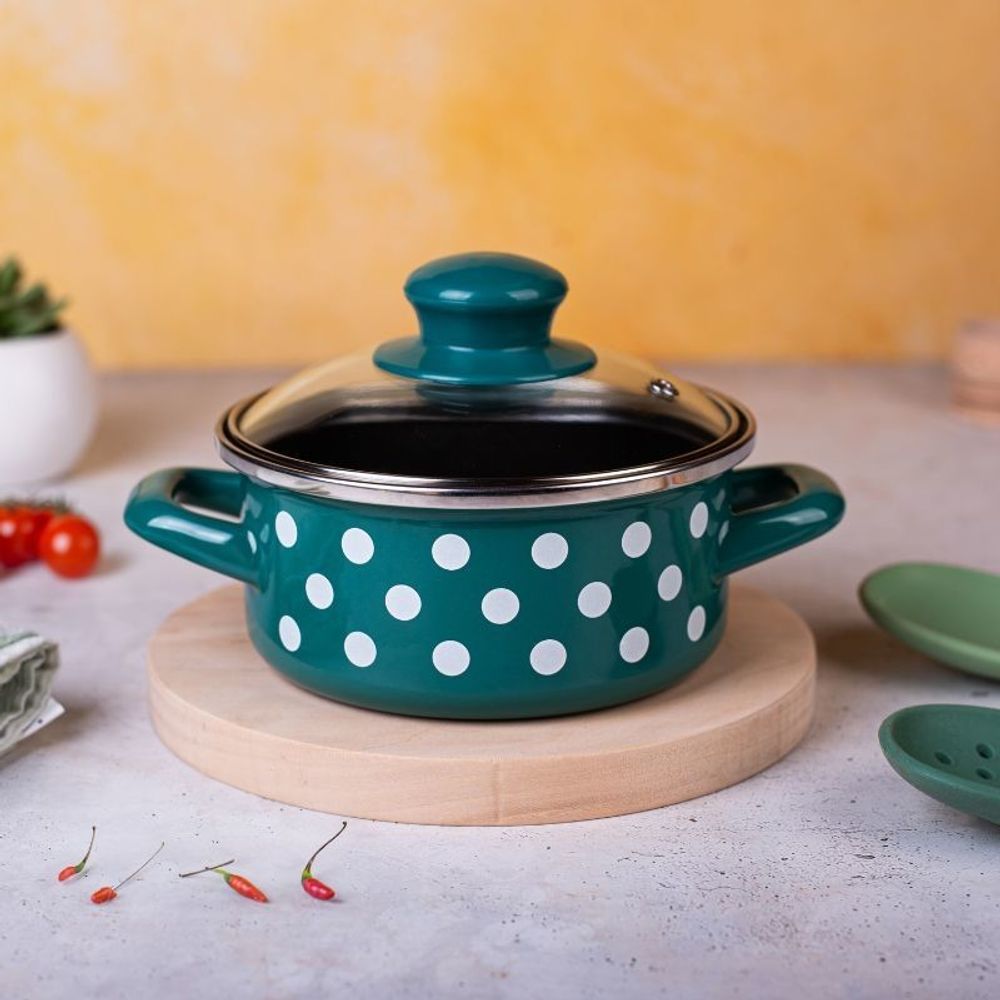 Metalac šerpa plitka sa staklenim poklopcem GREEN DOTS zelena sa bijelim tufnama 14 cm / 1.0 l slika 2