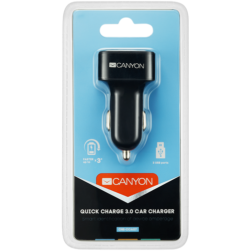 CANYON C-07 Universal 3xUSB car adapter(1 USB with Quick Charger QC3.0), Input 12-24V, Output USB/5V-2.1A+QC3.0/5V-2.4A&amp;9V-2A&amp;12V-1.5A, with Smart IC, black rubber coating+black metal ring+QC3.0 port with blue/other ports in orange, 66*35.2*25.1mm, 0.025 slika 3